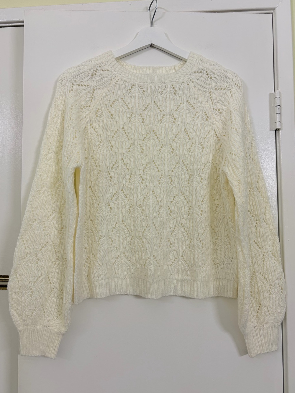 Ten Sixty Sherman Ivory Pointelle Open Knit Balloon Sleeve Sweater L Cottagecore